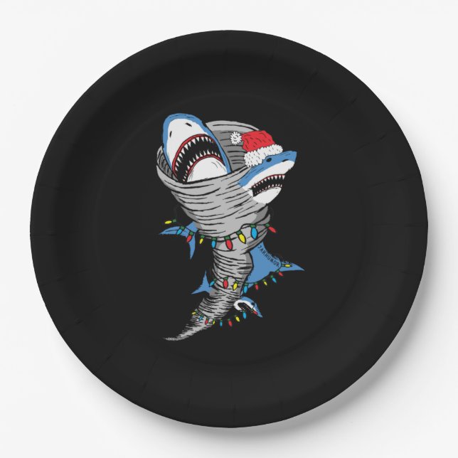 Plato De Papel Santa Shark Tornado Feliz Navidad (Anverso)