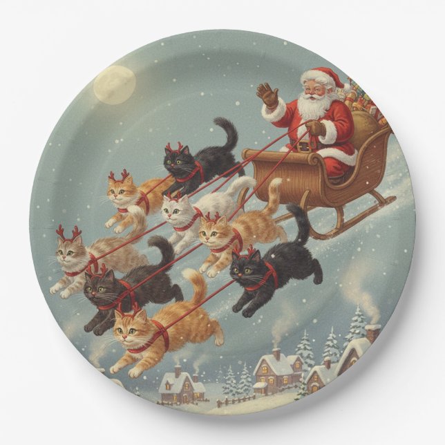 Plato De Papel Santa Sleigh with Flying Cats Paper Plates (Anverso)
