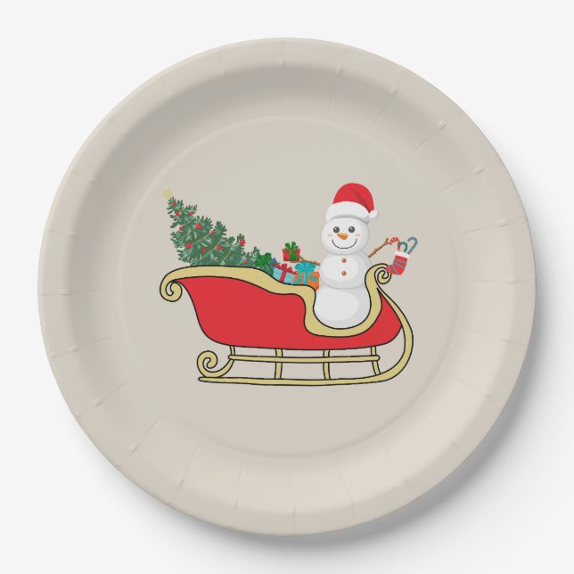 Plato De Papel Santa snowman distributing gifts (Anverso)