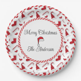Plato De Papel Santa Sombreros Rojos y Blancos Y Cañones De Vela