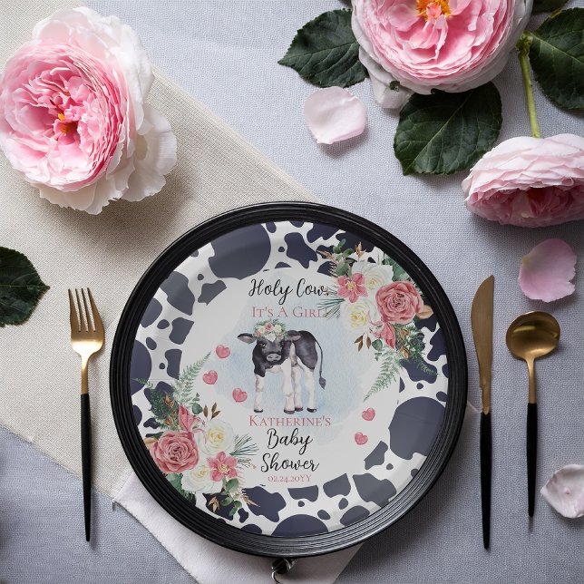 Plato De Papel Santa vaca, es una bienvenida Chica en Baby Shower (Cute "Holy Cow, It's A Girl!" Black and White Cow Theme | Pink Floral Baby Shower Paper Plates)