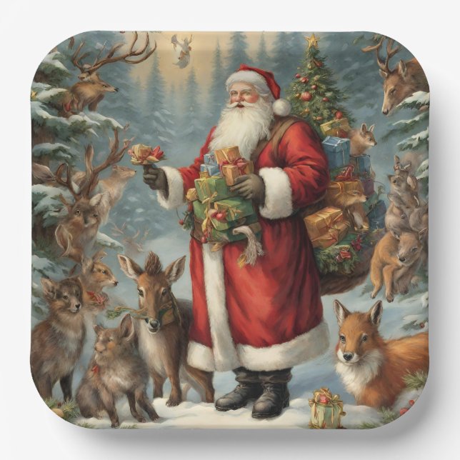 Plato De Papel Santa victoriana con animales presentes y forestal (Anverso)