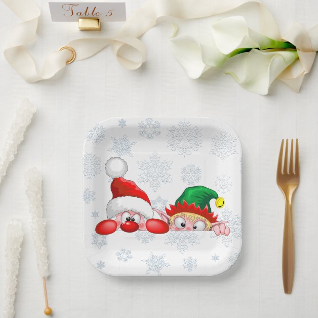 Plato De Papel Santa y Elf Cute y graciosos personajes Peeking (Boda)