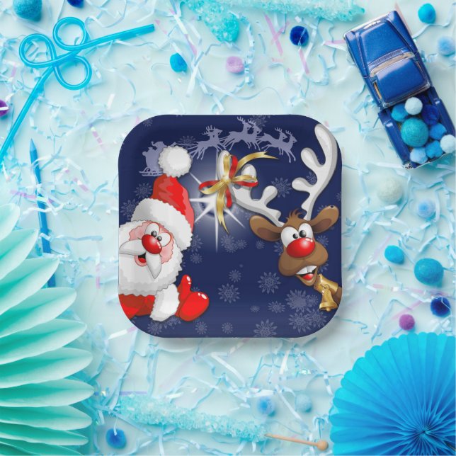 Plato De Papel Santa y los renos Feliz Personalizado (Fiesta)