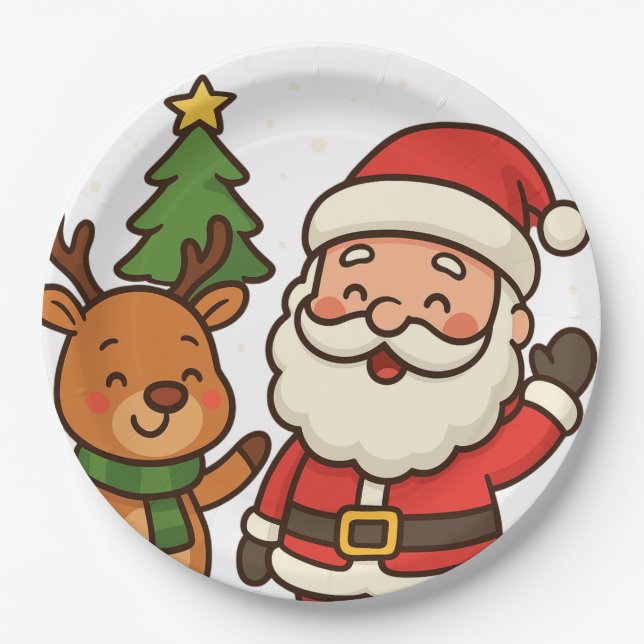 Plato De Papel Santa y reno blanco (Anverso)