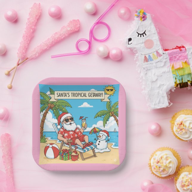 Plato De Papel Santa y Snowman en la playa (Fiesta)