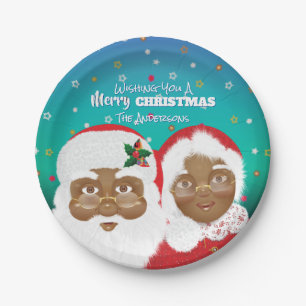 Plato De Papel Santa y Sra. Claus afroamericanos