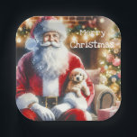 Plato De Papel Santa y un cachorro | Vintage Christmas<br><div class="desc">Un bonito acuarela estilo ai arte que representa a Santa sosteniendo un cachorro en su regazo en la víspera de los Navidades con vibraciones vintage. Navidades fiestas de placas de papel.</div>