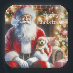 Plato De Papel Santa y un cachorro | Vintage Christmas<br><div class="desc">Un bonito acuarela estilo ai arte que representa a Santa sosteniendo un cachorro en su regazo en la víspera de los Navidades con vibraciones vintage. Navidades fiestas de placas de papel.</div>