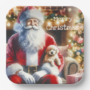 Plato De Papel Santa y un cachorro   Vintage Christmas
