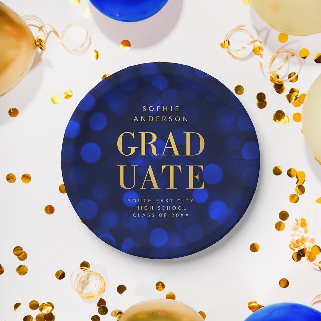 Plato De Papel Sapphire Blue Bokeh ilumina a Graduado Faux Gold (Subido por el creador)