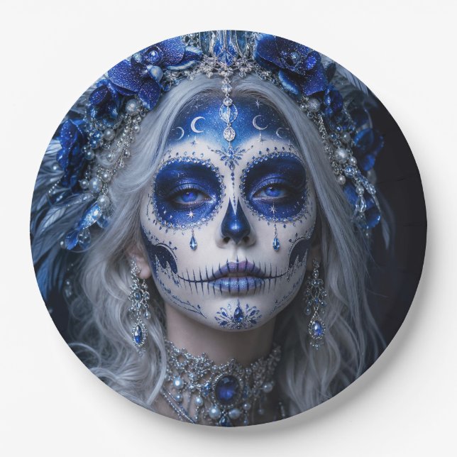 Plato De Papel Sapphire Moon Calavera – Azul Celestial  (Anverso)