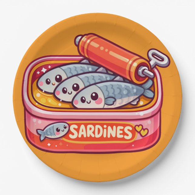 Plato De Papel Sardinas De Dibujos Animados Lindas (Anverso)
