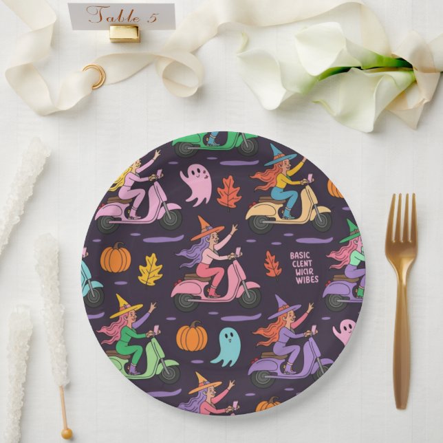 Plato De Papel Sassy Witch Moped Pattern -Testigos de pastel cura (Boda)