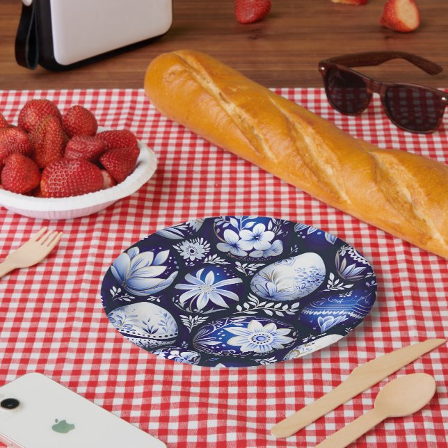 Plato De Papel Scandinavian Blue Easter Egg Spring Floral (Picnic)