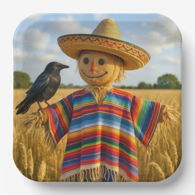 Plato De Papel Scarecrow Wearing a Sombrero and Poncho (Anverso)