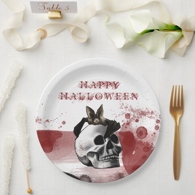 Plato De Papel Scary Blooll Skull Feliz Fiesta de Halloween (Boda)