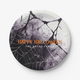 Plato De Papel Scary Spider Web Happy Halloween Custom Name