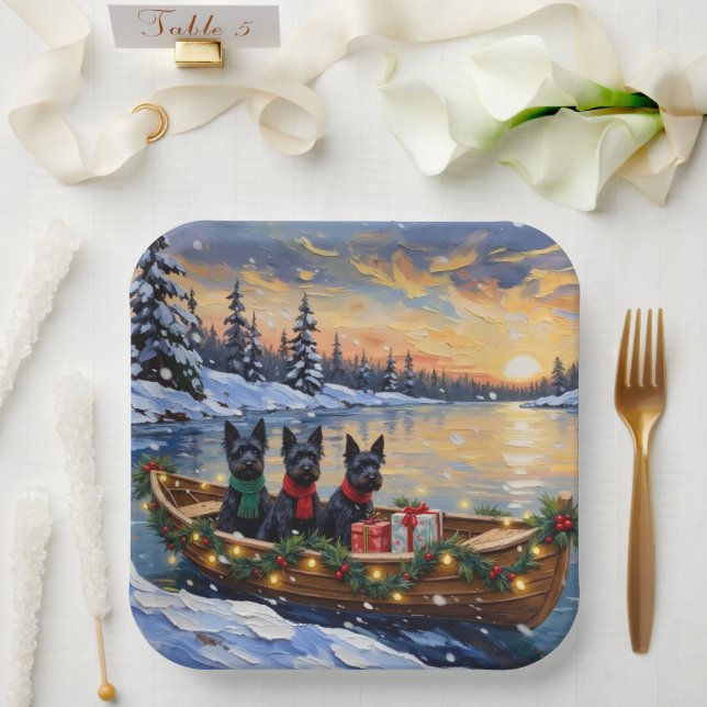Plato De Papel Scottish Terrier Christmas Boat Holiday (Boda)