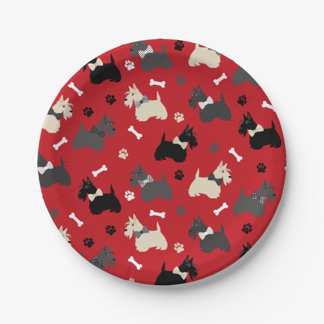Plato De Papel Scottish Terrier Paws and Bones Red (Anverso)