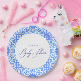 Plato De Papel Script Baby Shower de mosaico azul italiano