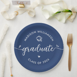 Plato De Papel Script de graduación azul Icono de gorra Corazones