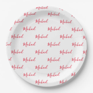 Plato De Papel Script de nombre rojo personalizado