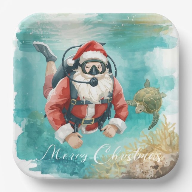 Plato De Papel Scuba Santa Underwater Christmas (Anverso)