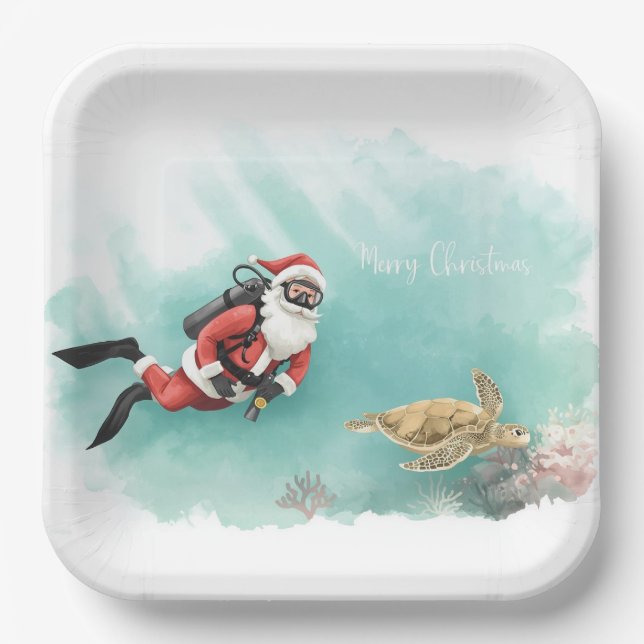 Plato De Papel Scuba Santa Underwater Christmas (Anverso)