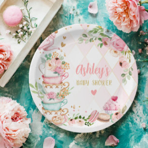 Plato De Papel Se está preparando una bebé de una flor rosa de té