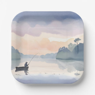Plato De Papel Se fue a pescar Pintura en acuarela de Lake Airy