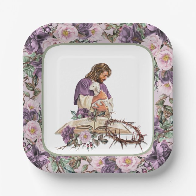 Plato De Papel Se levanta cruz floral con placas de papel bíblico (Anverso)