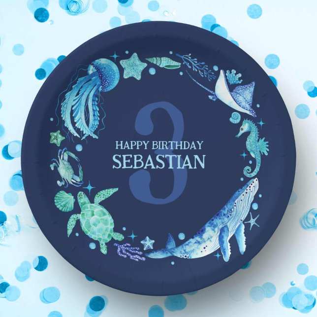 Plato De Papel Sea Life Fiesta Ocean Animals Marina Blue Watercol (Sea Life Party Ocean Animals Navy Blue Watercolor Paper Plates)