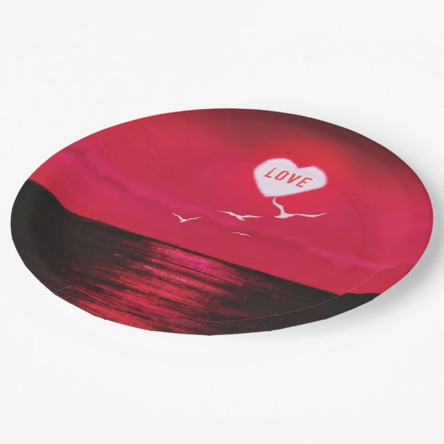 Plato De Papel Sea Sunset Love Heart Paper Plates Románticos (Angular)