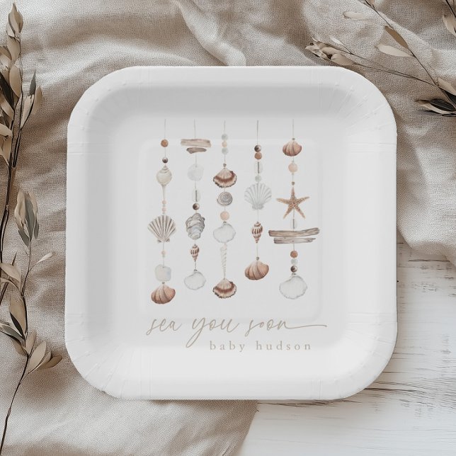 Plato De Papel Sea You Pronto Boho Beach Baby Shower (Zazzle Sea You Soon Boho Beach Baby Shower Paper Plate)