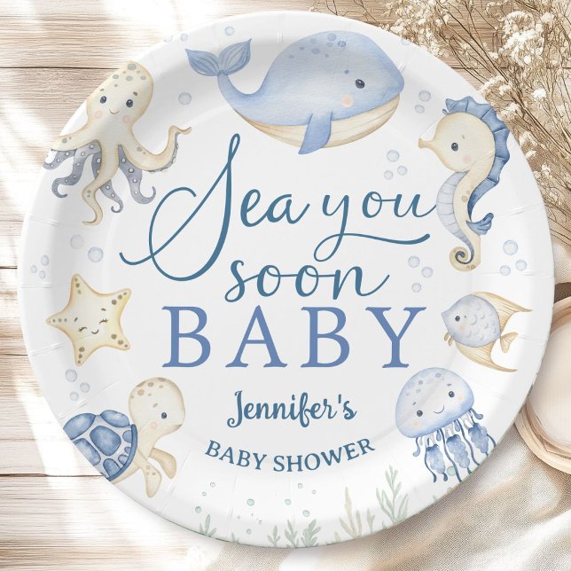 Plato De Papel Sea You Soon Baby Shower Boy Blue Ocean (Subido por el creador)