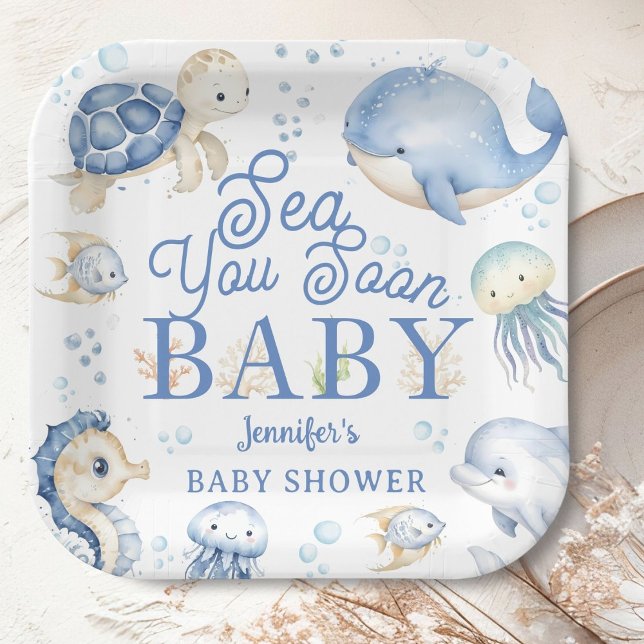 Plato De Papel Sea You Soon Baby Shower Boy Blue Ocean (Subido por el creador)