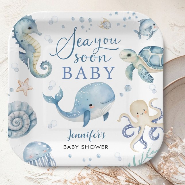 Plato De Papel Sea You Soon Baby Shower Boy Blue Ocean (Subido por el creador)