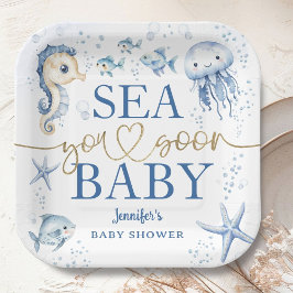 Plato De Papel Sea You Soon Baby Shower Boy Navy Blue Ocean