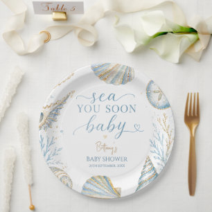 Plato De Papel Sea You Soon Blue Seashells Baby Shower
