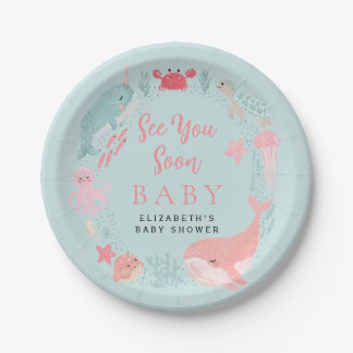 Plato De Papel Sea You Soon Cute Animales Marinos Niña Baby Showe