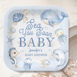 Plato De Papel Sea You Soon Ocean Baby Shower Boy Blue 