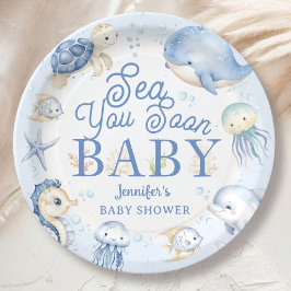 Plato De Papel Sea You Soon Ocean Baby Shower Boy Blue 