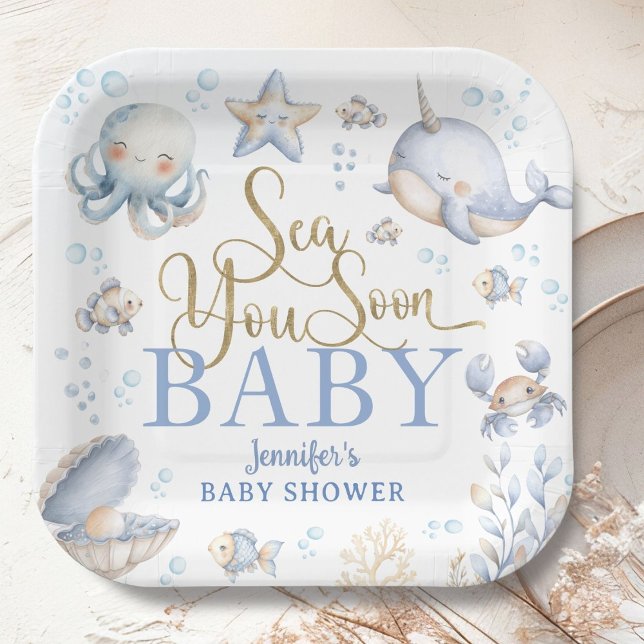 Plato De Papel Sea You Soon Ocean Baby Shower Niño Azul  (Subido por el creador)