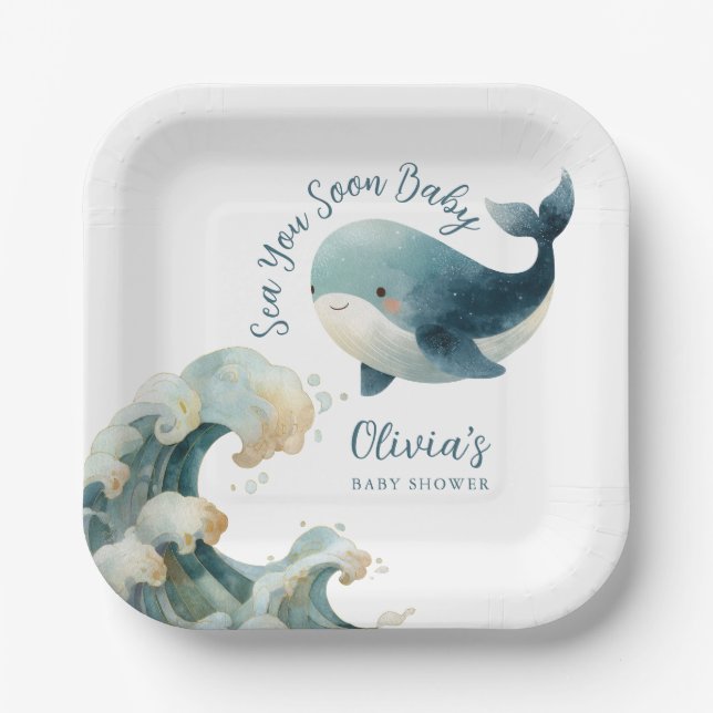Plato De Papel Sea You Soon Ocean Whale Teal White Baby Shower (Anverso)
