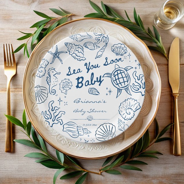 Plato De Papel Sea you soon seashells beach boy baby shower (Sea you soon seashells beach boy baby shower personalized paper plates hand drawn sea creatures)