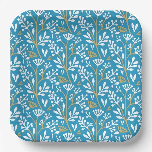 Plato De Papel Seamless Floral Pattern: White and Gold on Blue (Anverso)