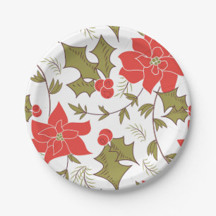 Plato De Papel Seamless Merry Navidad poinsettia rojo eux verde