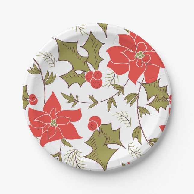 Plato De Papel Seamless Merry Navidad poinsettia rojo eux verde (Anverso)