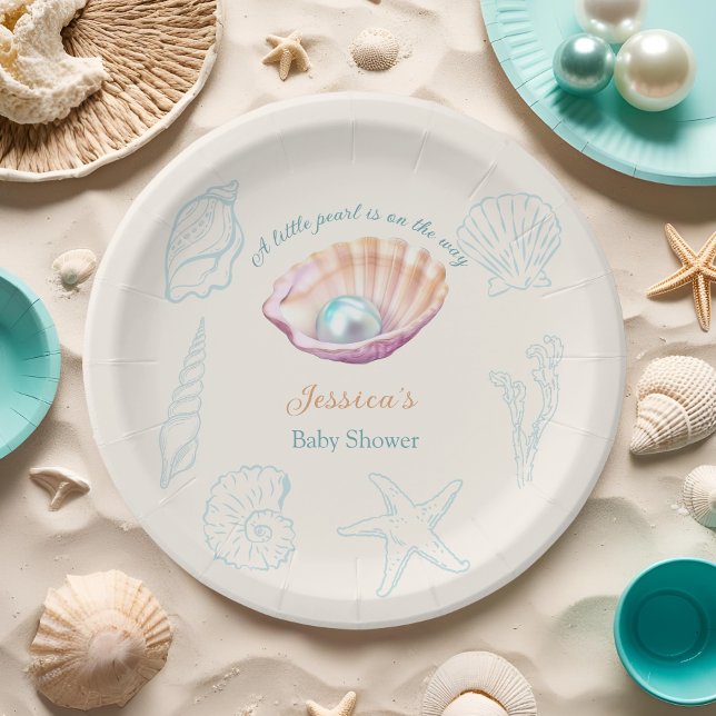Plato De Papel Seashell Beach Little Pearl Baby Shower (Subido por el creador)